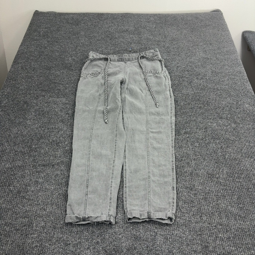 C&C California Pants Women M Grey Linen Lyocell Braided Belt Tapered Casual Boho